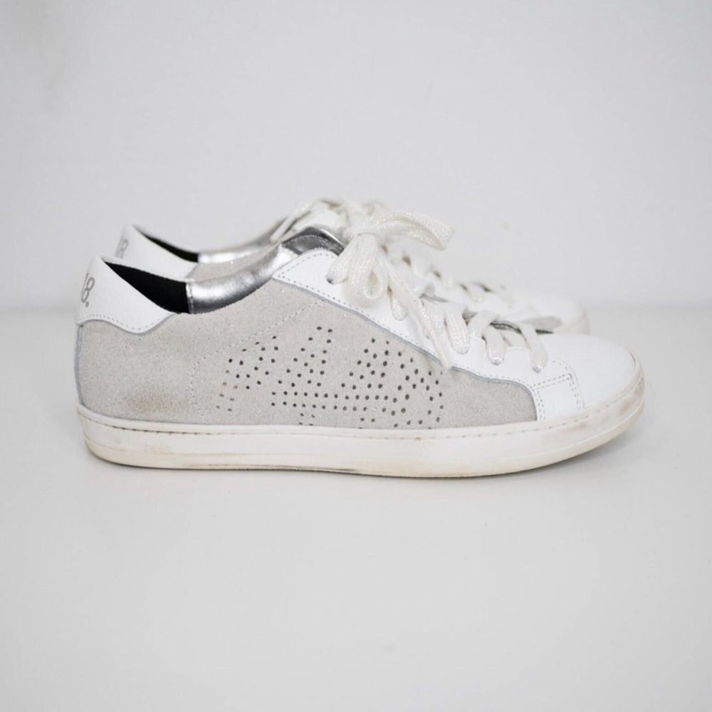 P448 John Suede Softy Sneakers Low Top White Taupe Glitter Streetwear SZ 7